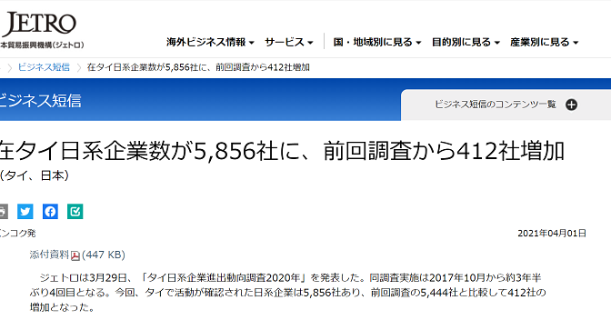 ジェトロ・バンコク事務所「タイ日系企業進出動向調査2020年」による在タイ日系企業は5,856社