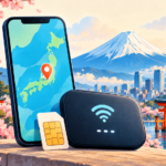 日本旅行向けのスマートフォン、SIMカード、ポケットWi-Fiと、富士山、東京スカイツリー、宮島の大鳥居のイラスト